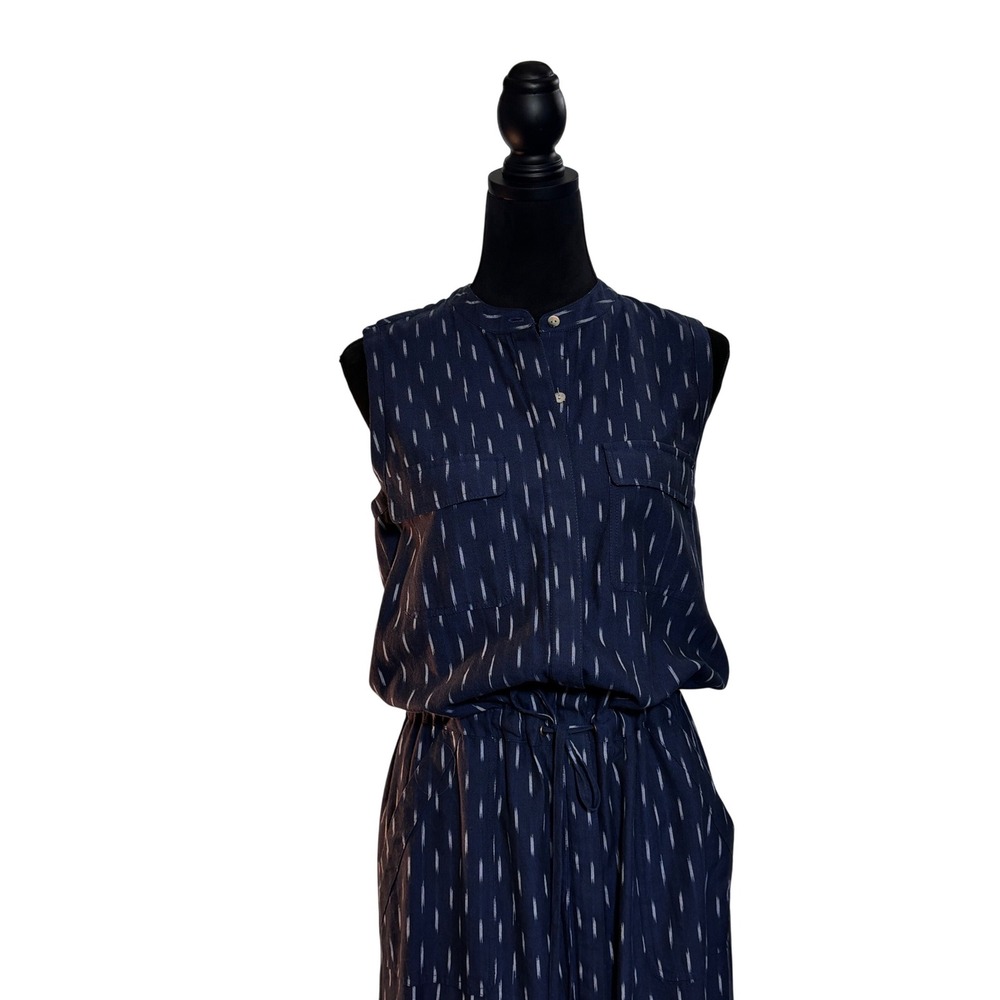 Faherty‎ Women XS Blue Ikat Print Sleeveless Linen Midi Dress Drawstring Waist - Picture 7 of 16